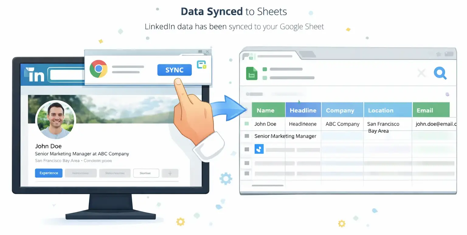 Data flow from LinkedIn to Google Sheets via SyncToSheet Data flow from LinkedIn profiles and companies into Google Sheets via SyncToSheet